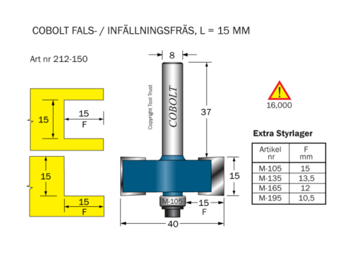 Falsfräs L=15 F=15 D=40 S=8 SL=37