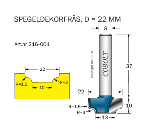 Dekorfräs D=22 R1=3 R2=1.5 L=10 S=8