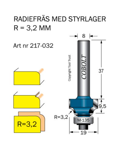 Avrundningsfräs R=3.2 D=19 L=9.5 S=8