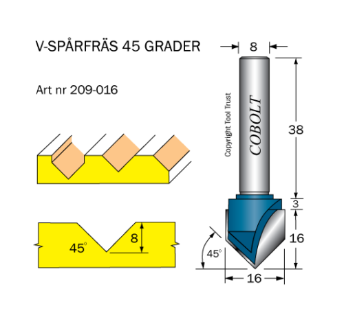 V-spårfräs 45ø D=16 L=8 S=8