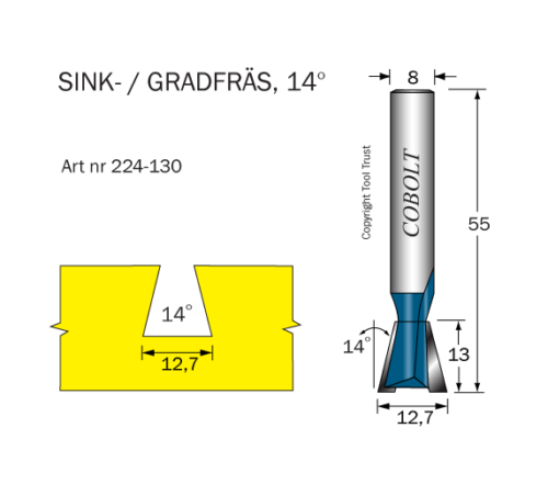 Sinkfräs 14ø D=12.7 L=13 TL=55 S=8